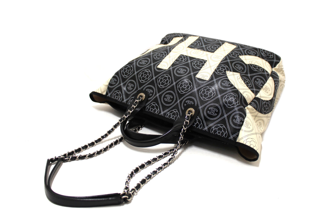 Top Quality Chanel Black and Beige Coated Canvas Camellia Flower Tote Bag