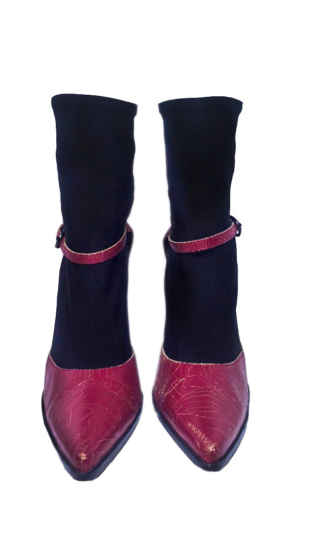 MIU MIU Distressed Red Leather Point Toe Heels with Black Stretch Sock Boot Size 6