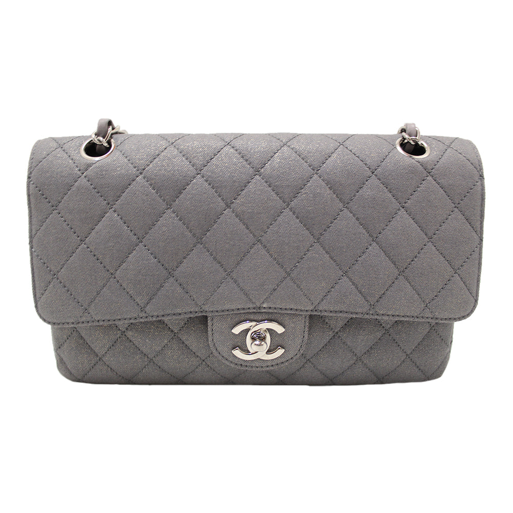 Top Quality Chanel Grey Glitter Canvas Medium Classic Flap Shoulder Chain Bag