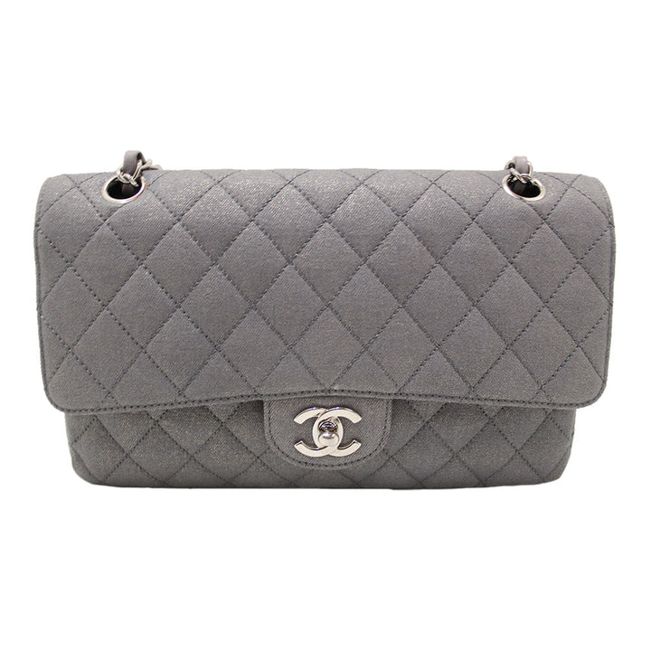Top Quality Chanel Grey Glitter Canvas Medium Classic Flap Shoulder Chain Bag