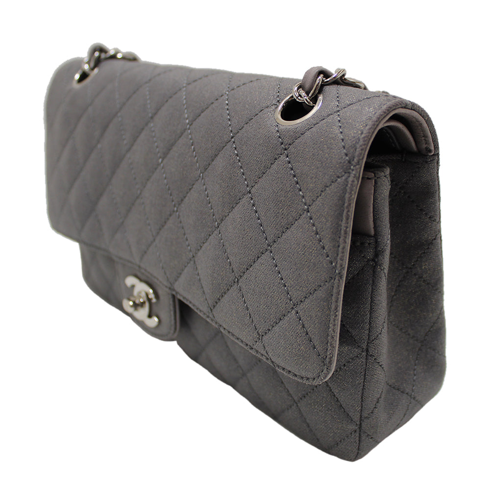 Top Quality Chanel Grey Glitter Canvas Medium Classic Flap Shoulder Chain Bag