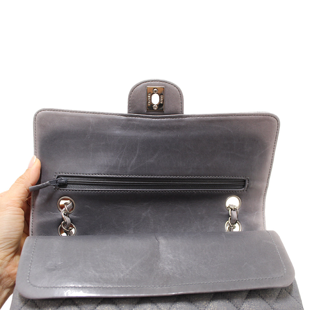 Top Quality Chanel Grey Glitter Canvas Medium Classic Flap Shoulder Chain Bag