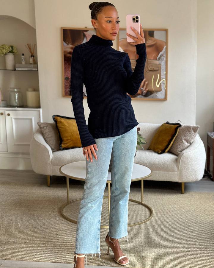 Top Quality Chanel Navy Ribbed Cashmere Roll Neck Long Sleeve Jumper with CC Logo Detail FR 36 (UK 8)