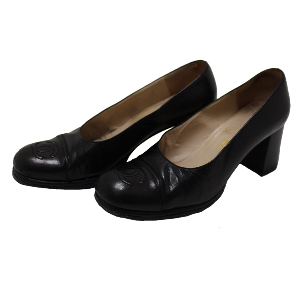 Top Quality Chanel Black Leather Classic Cap Toe Heels Pumps Shoes Size 38