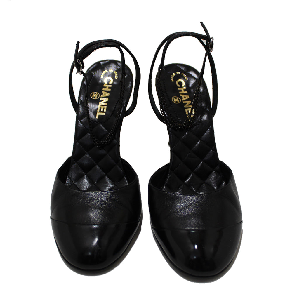 Top Quality Chanel Black Leather Classic Cap Toe Heels Shoes with Chain Ankle Strap Size 38