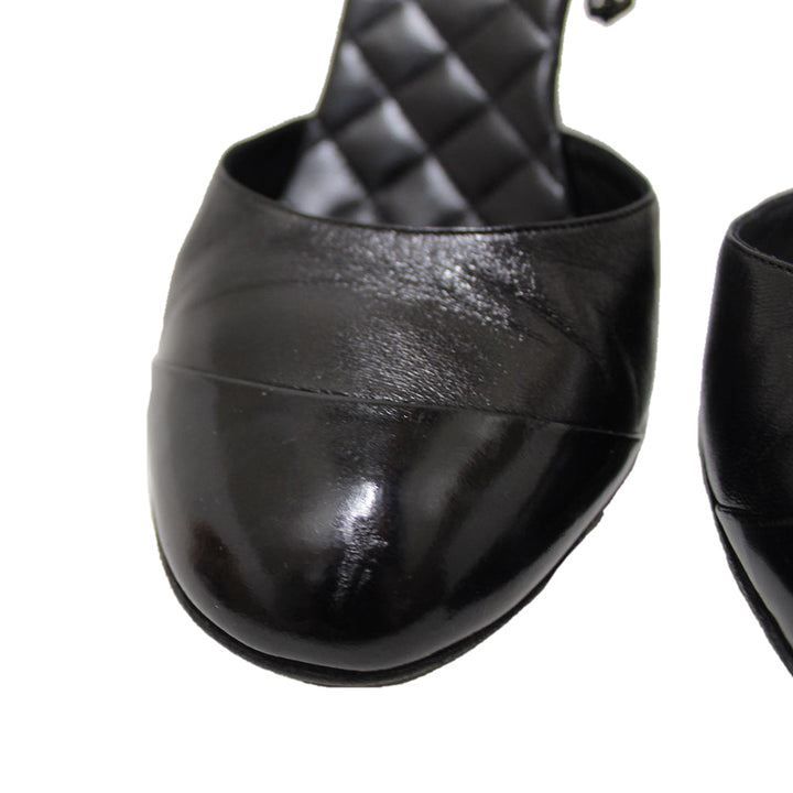 Top Quality Chanel Black Leather Classic Cap Toe Heels Shoes with Chain Ankle Strap Size 38