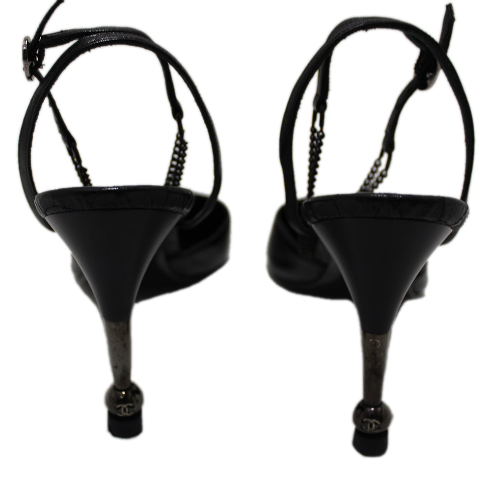 Top Quality Chanel Black Leather Classic Cap Toe Heels Shoes with Chain Ankle Strap Size 38