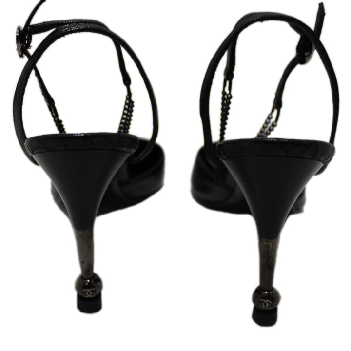 Top Quality Chanel Black Leather Classic Cap Toe Heels Shoes with Chain Ankle Strap Size 38
