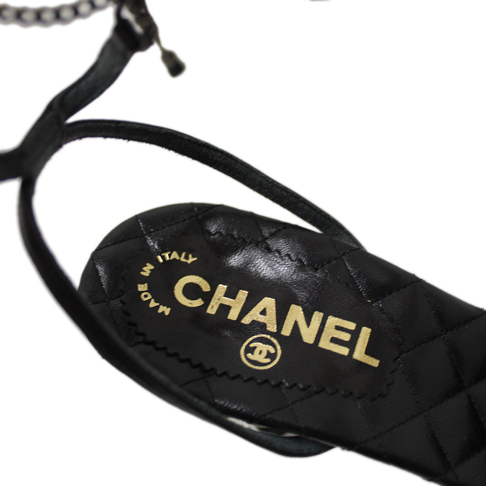 Top Quality Chanel Black Leather Classic Cap Toe Heels Shoes with Chain Ankle Strap Size 38
