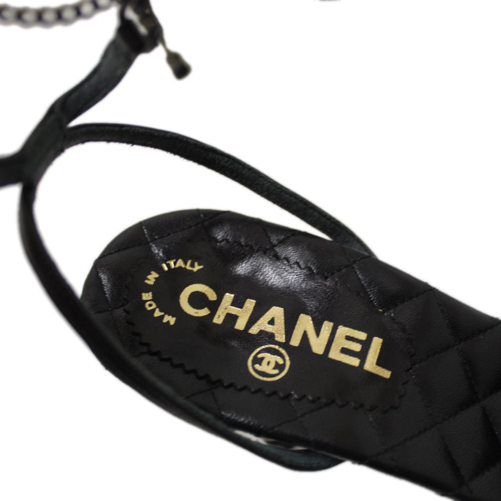 Top Quality Chanel Black Leather Classic Cap Toe Heels Shoes with Chain Ankle Strap Size 38