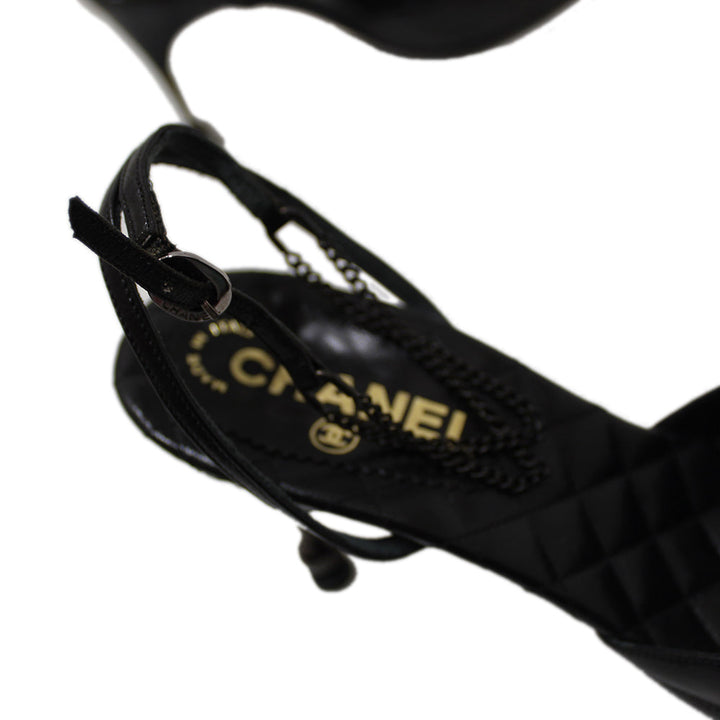 Top Quality Chanel Black Leather Classic Cap Toe Heels Shoes with Chain Ankle Strap Size 38
