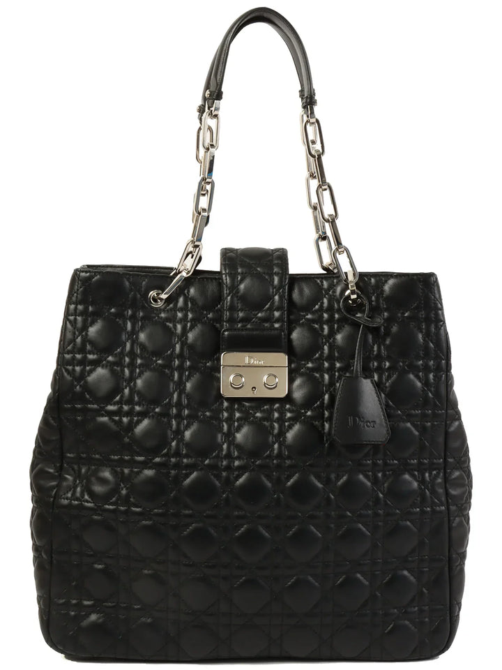 Top quality Dior Cannage Stitch Logo Plate Chain Tote Bag Black