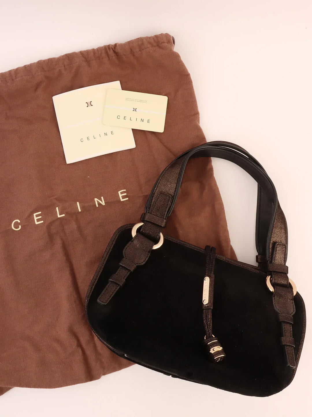 Celine Suede Logo Charm Top Handle Bag Black