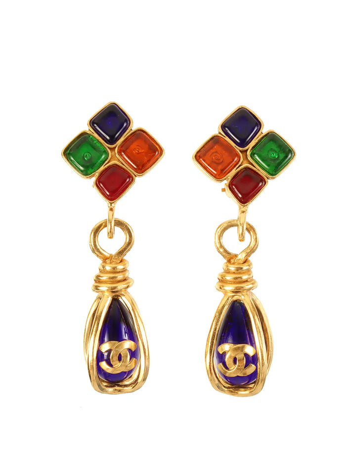 Chanel 1995 Made Gripoix Clover Cc Mark Swing Earrings Gold/Multi
