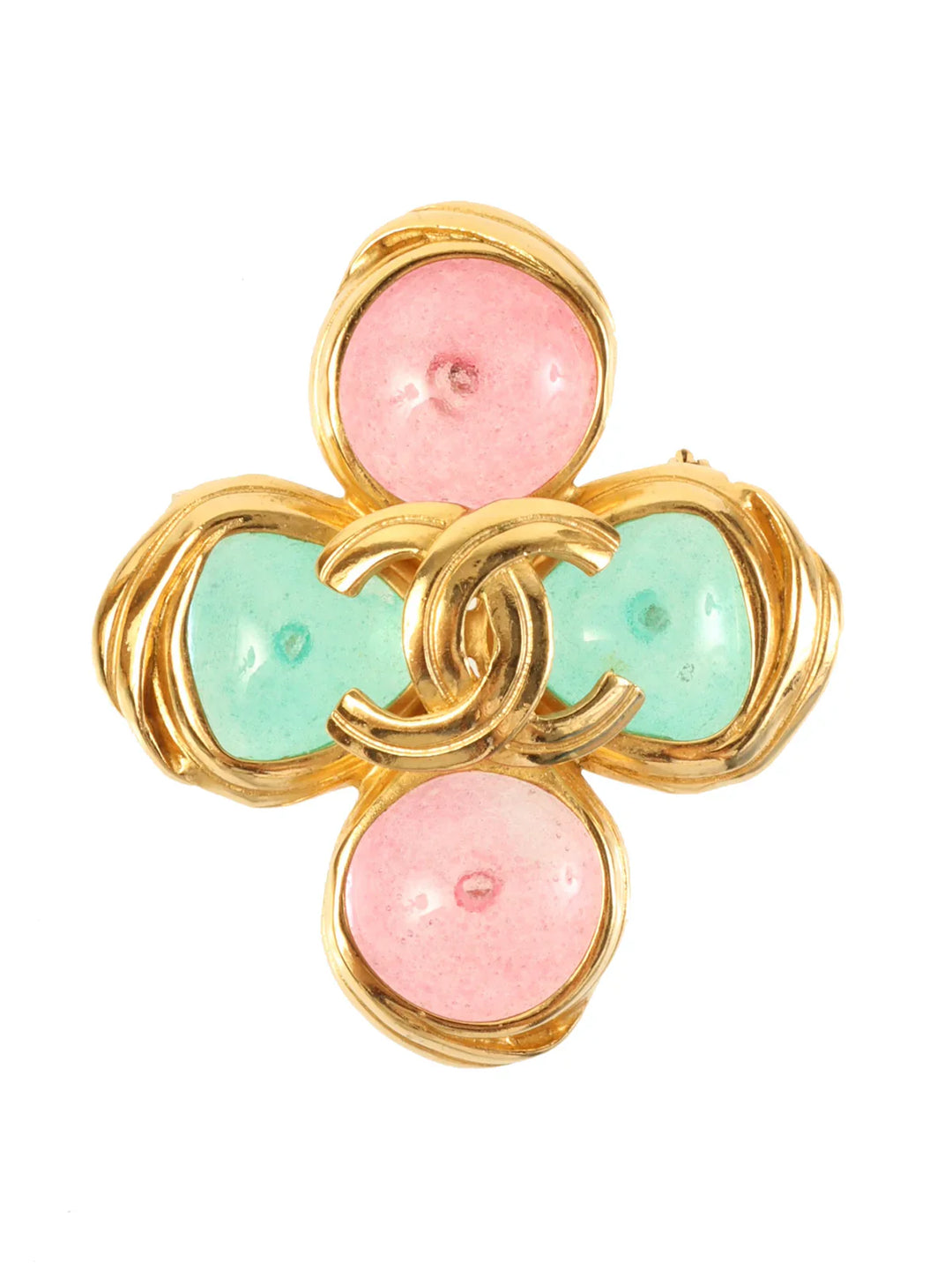 Chanel 1996 Made Cross Motif Gripoix Cc Mark Brooch Green/Pink