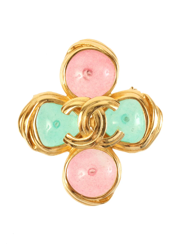 Chanel 1996 Made Cross Motif Gripoix Cc Mark Brooch Green/Pink