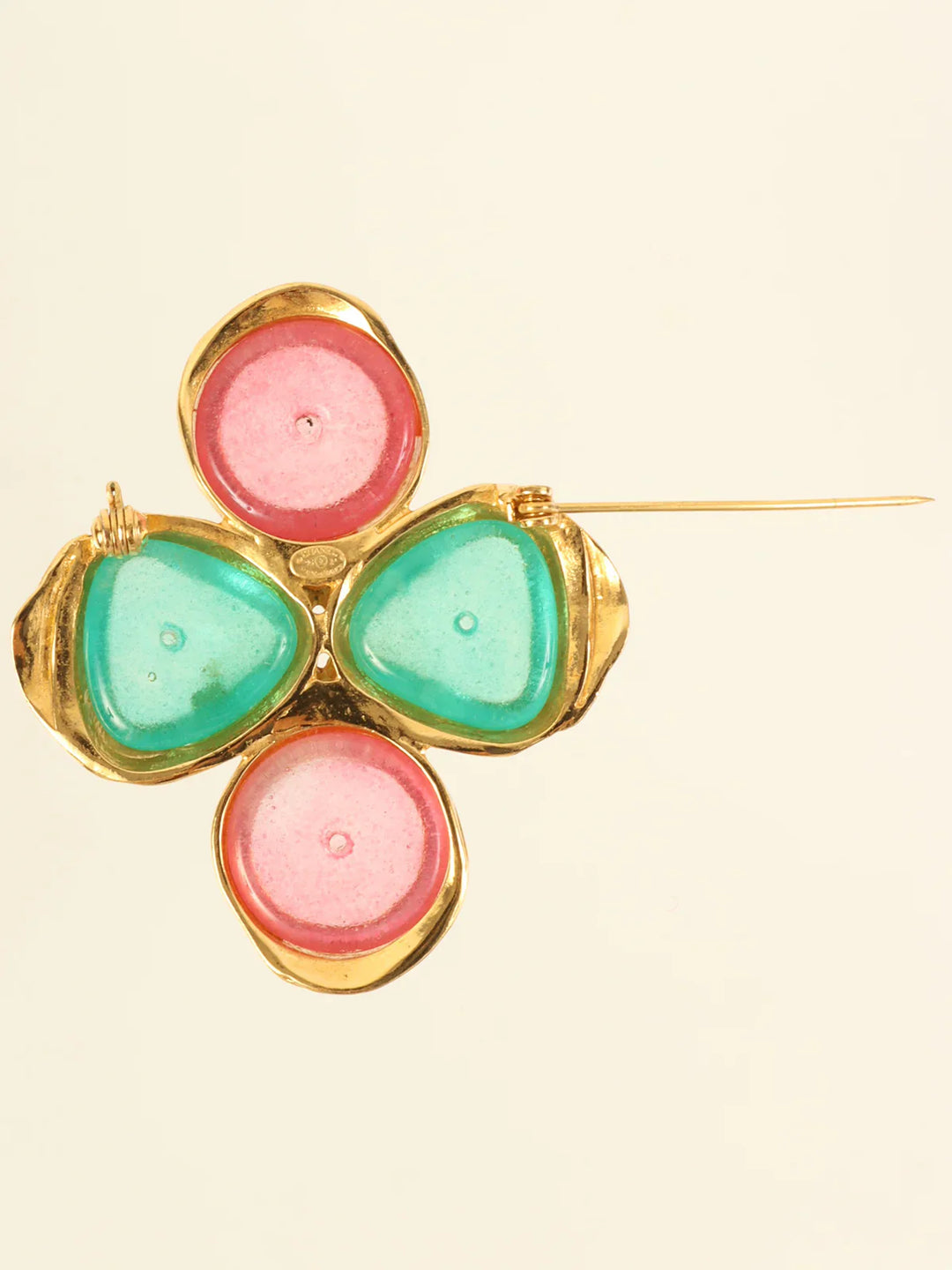 Chanel 1996 Made Cross Motif Gripoix Cc Mark Brooch Green/Pink