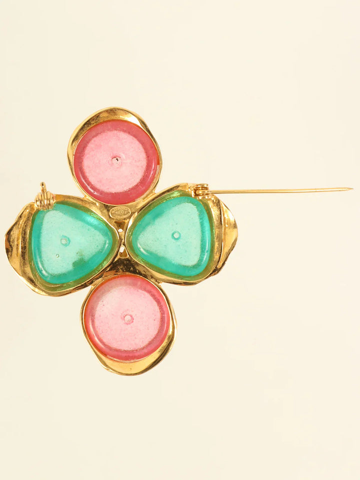Chanel 1996 Made Cross Motif Gripoix Cc Mark Brooch Green/Pink
