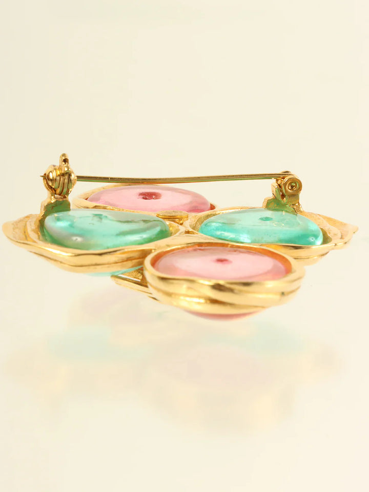 Chanel 1996 Made Cross Motif Gripoix Cc Mark Brooch Green/Pink