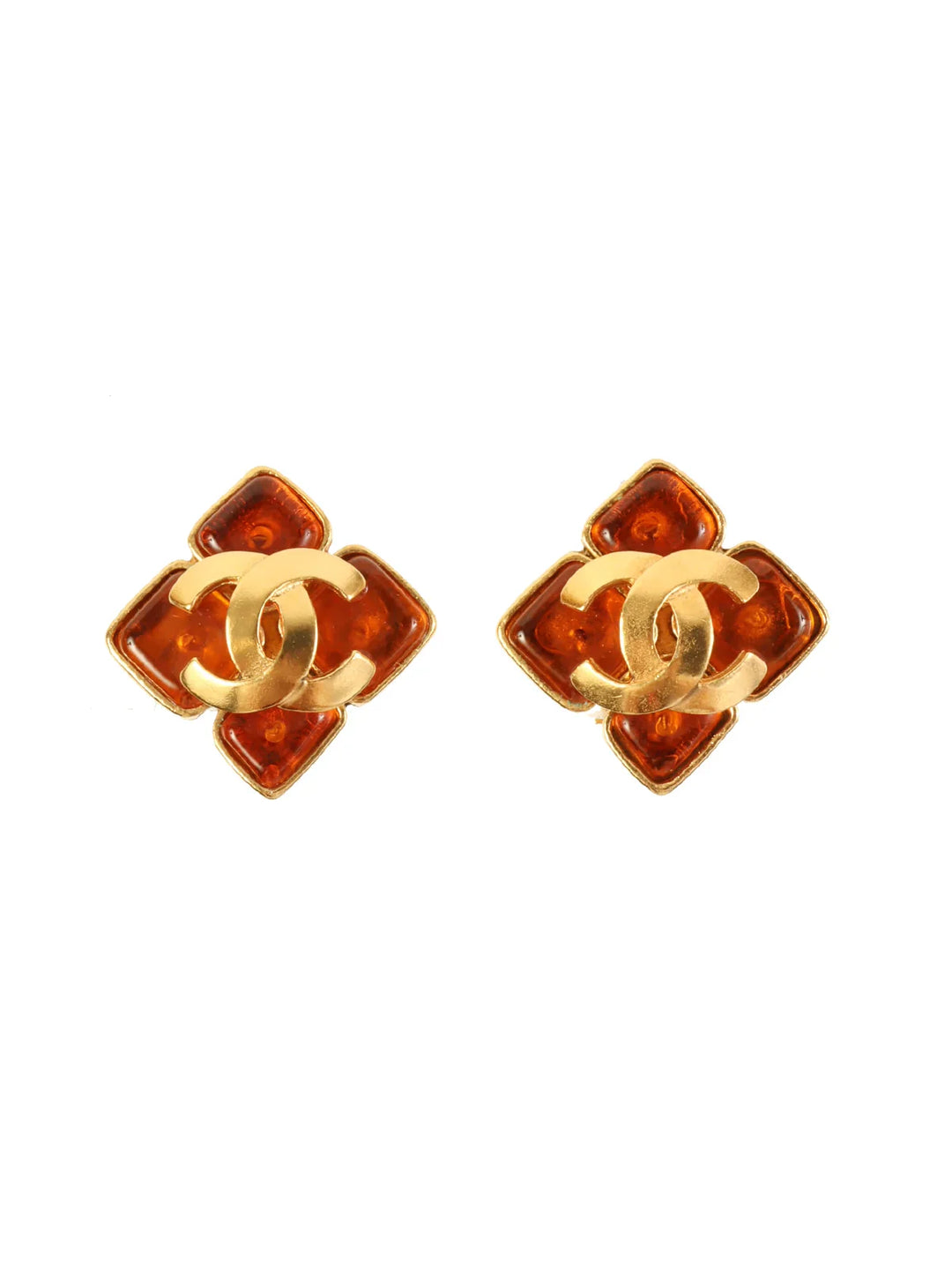 Chanel 1995 Made Gripoix Clover Motif Cc Mark Earrings Gold/Brown