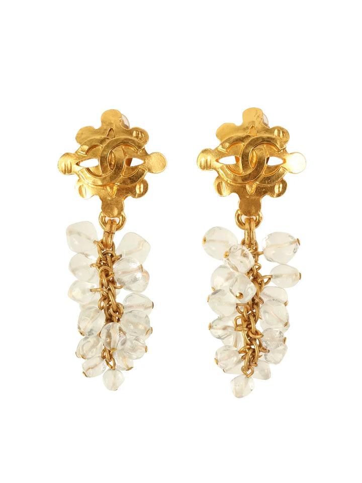 Chanel 1994 Made Design Cc Mark Swing Stone Earrings Gold/Clear