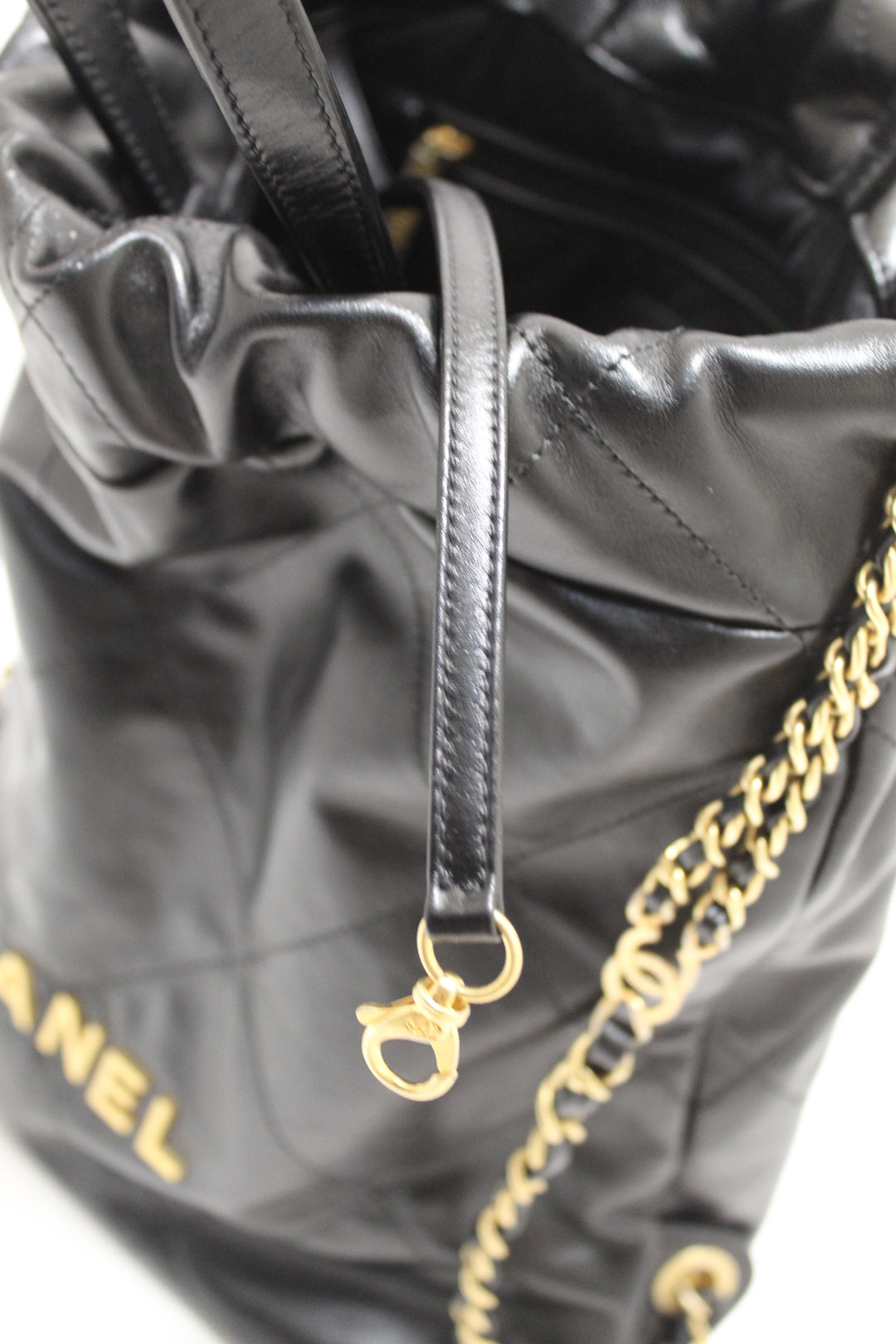 Top Quality Chanel Black Top Quality Chanel 22 Calfskin Leather Drawstring Chain Backpack
