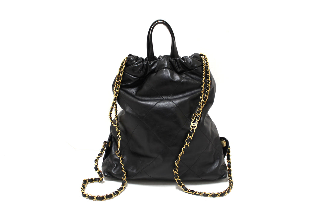 Top Quality Chanel Black Top Quality Chanel 22 Calfskin Leather Drawstring Chain Backpack