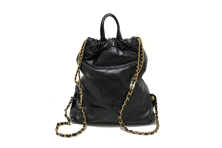 Top Quality Chanel Black Top Quality Chanel 22 Calfskin Leather Drawstring Chain Backpack