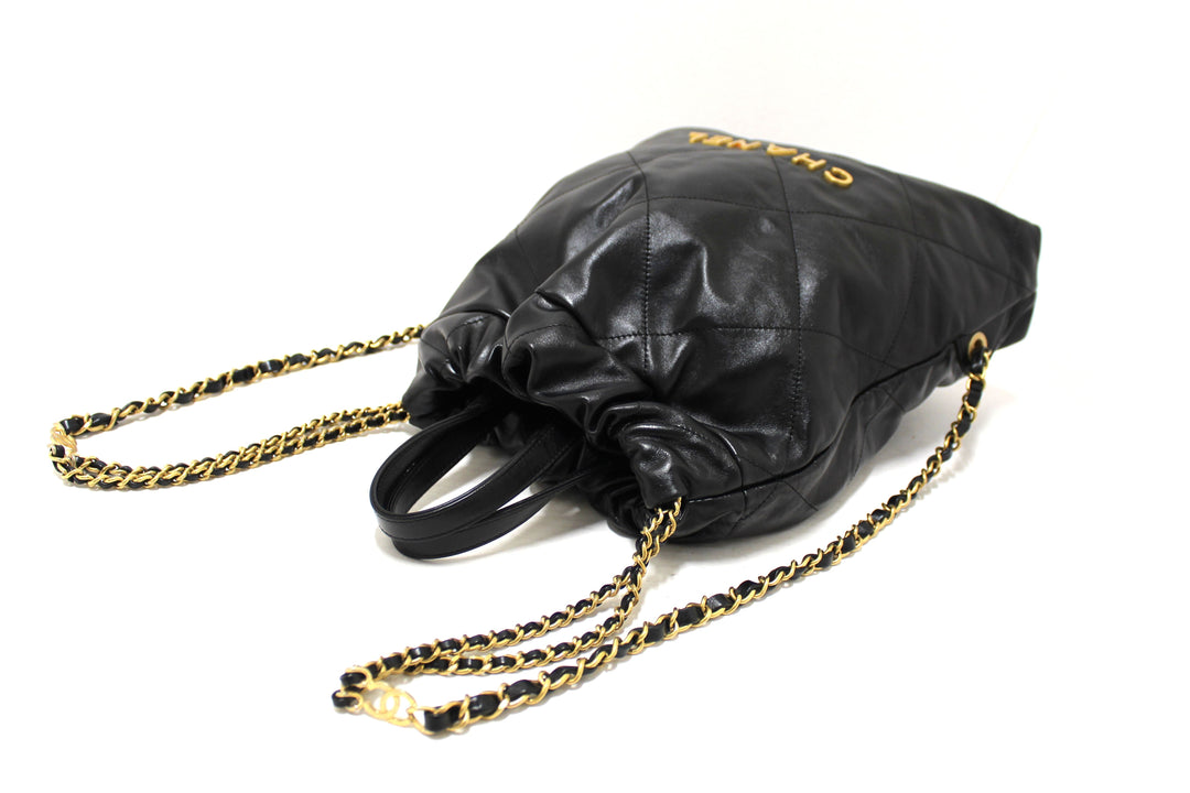 Top Quality Chanel Black Top Quality Chanel 22 Calfskin Leather Drawstring Chain Backpack