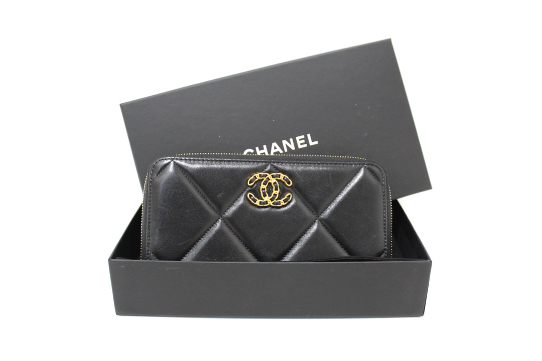 Top Quality Chanel 19 Black Quilted Lambskin Leather Long Zip Around Wallet