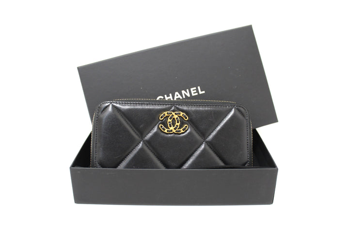 Top Quality Chanel 19 Black Quilted Lambskin Leather Long Zip Around Wallet