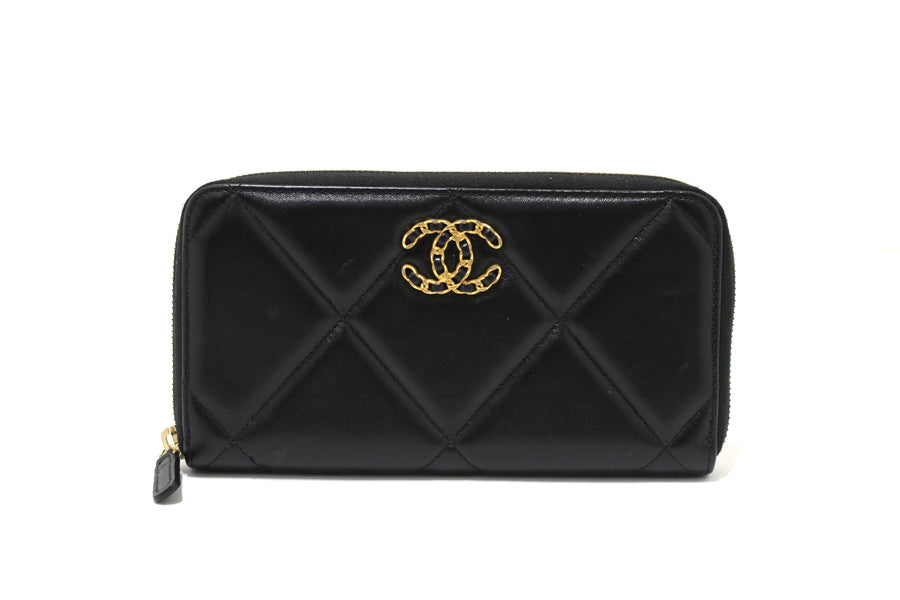 Chanel 19 Black Quilted Lambskin Leather Long Zip Around Wallet | Italystation.com