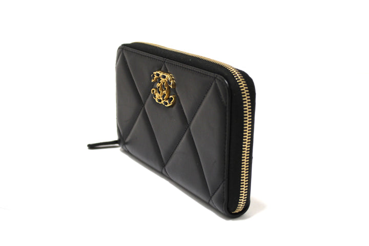 Top Quality Chanel 19 Black Quilted Lambskin Leather Long Zip Around Wallet