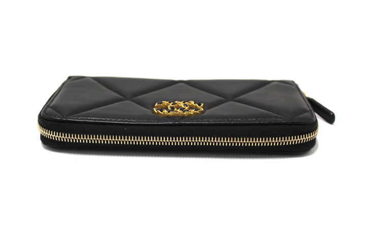Top Quality Chanel 19 Black Quilted Lambskin Leather Long Zip Around Wallet