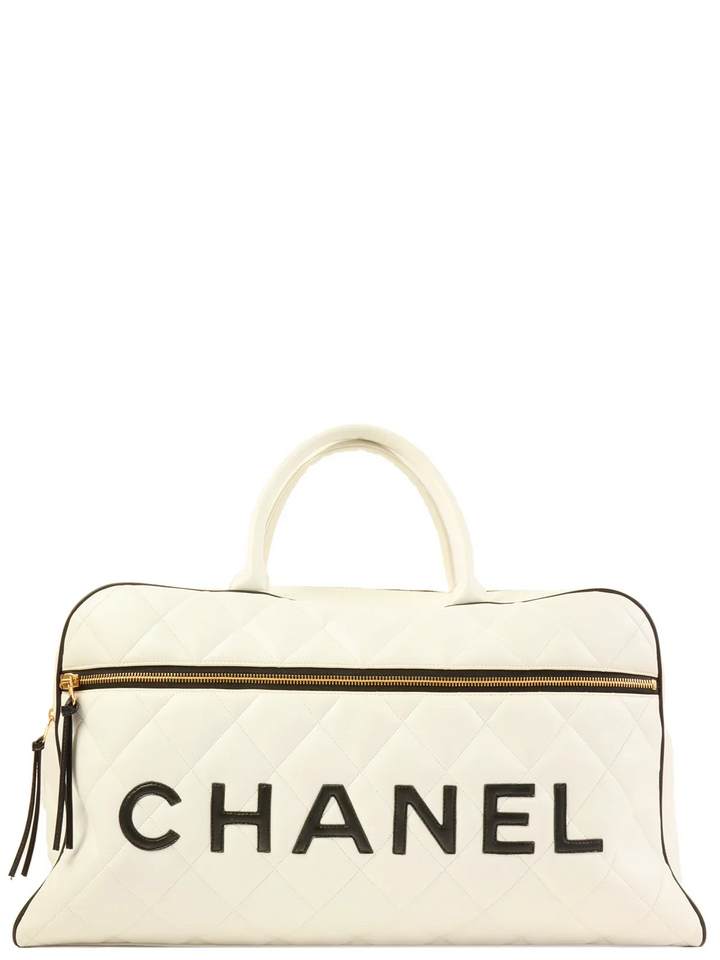 Chanel Around 1995 Made Bicolor Big Logo Stitch Boston Bag White/Black