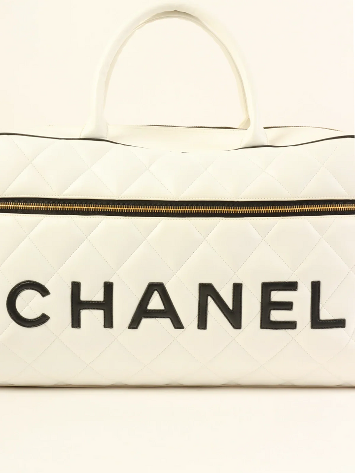 Chanel Around 1995 Made Bicolor Big Logo Stitch Boston Bag White/Black