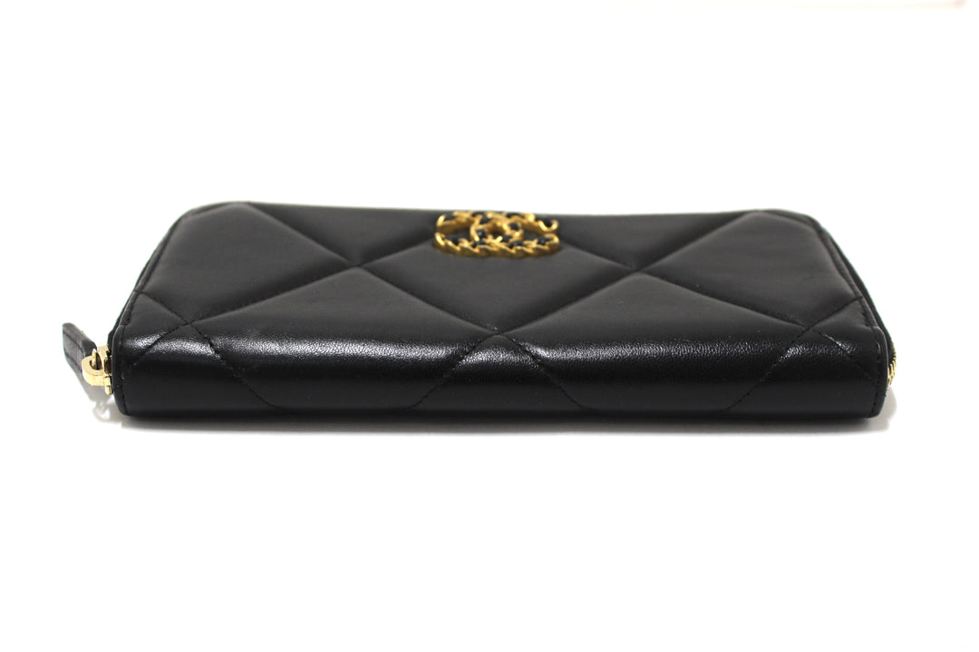 Top Quality Chanel 19 Black Quilted Lambskin Leather Long Zip Around Wallet