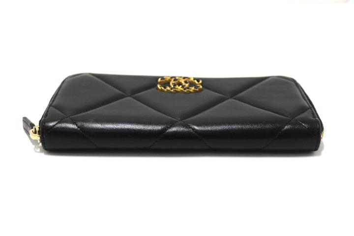 Top Quality Chanel 19 Black Quilted Lambskin Leather Long Zip Around Wallet