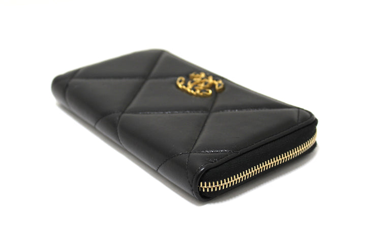 Top Quality Chanel 19 Black Quilted Lambskin Leather Long Zip Around Wallet
