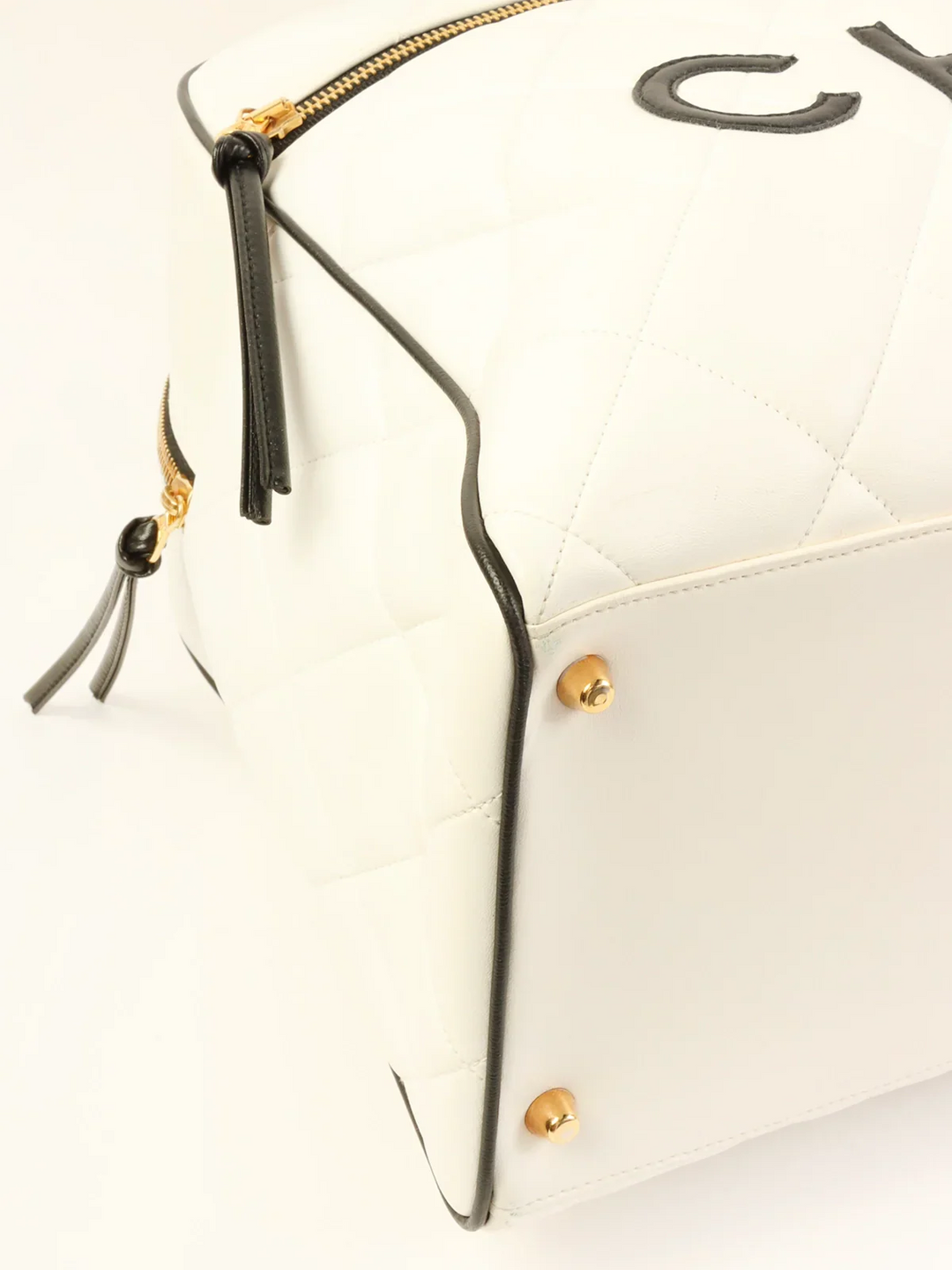 Chanel Around 1995 Made Bicolor Big Logo Stitch Boston Bag White/Black