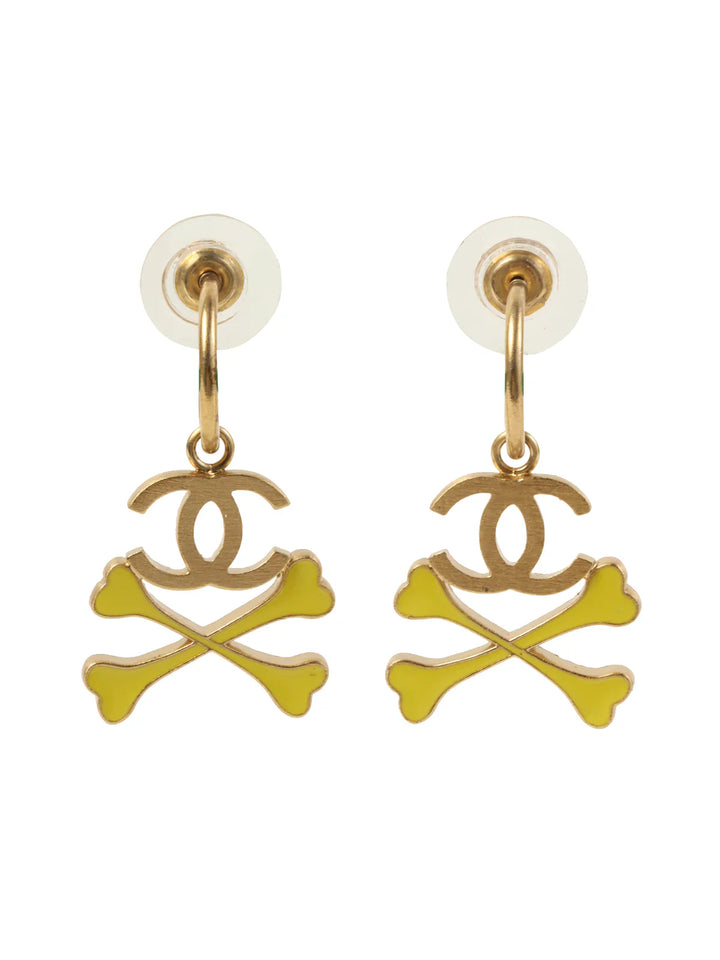 Chanel 2003 Made Crossed Bone Cc Mark Pierced Earrings Gold/Yellow