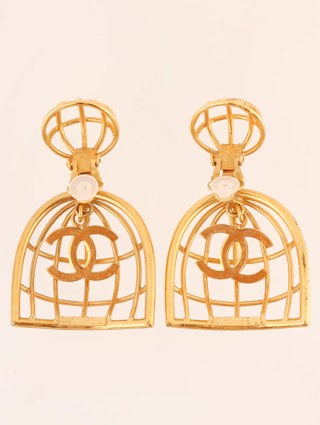 Chanel 1993 Made Bird Cage Cc Mark Swing Earrings Gold