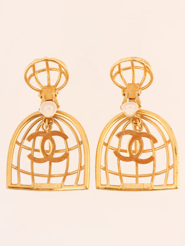 Chanel 1993 Made Bird Cage Cc Mark Swing Earrings Gold