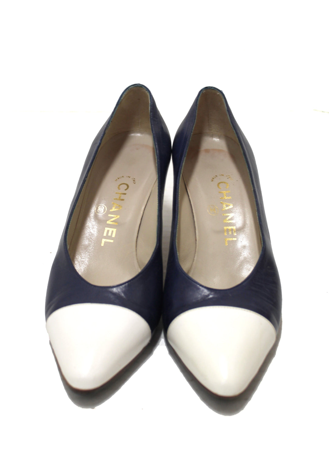 Top Quality Chanel Navy and White Leather Pointed Heel size 35.5