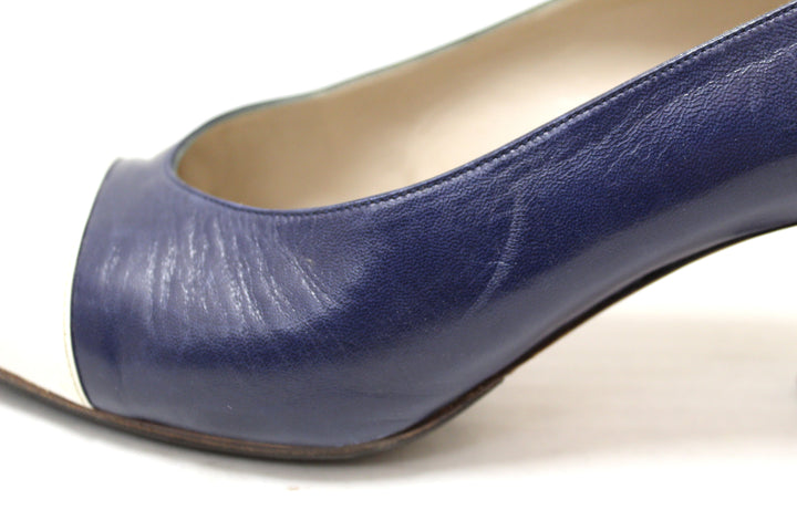 Top Quality Chanel Navy and White Leather Pointed Heel size 35.5