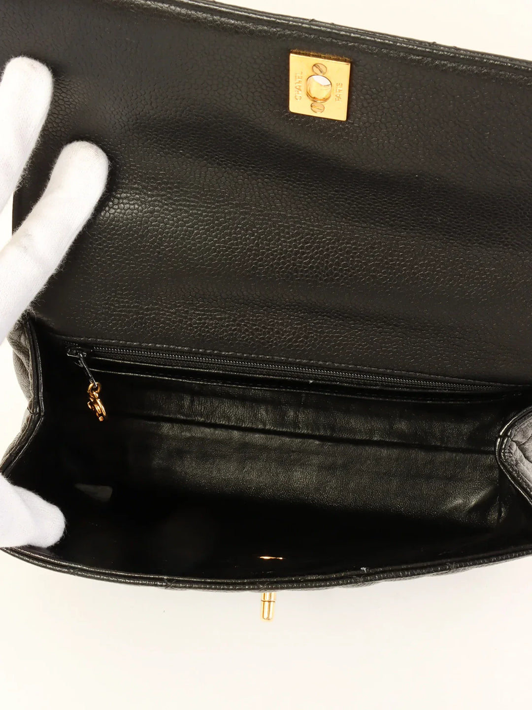 Chanel Around 1997 Made Caviar Skin Turn-Lock Top Handle Bag Black