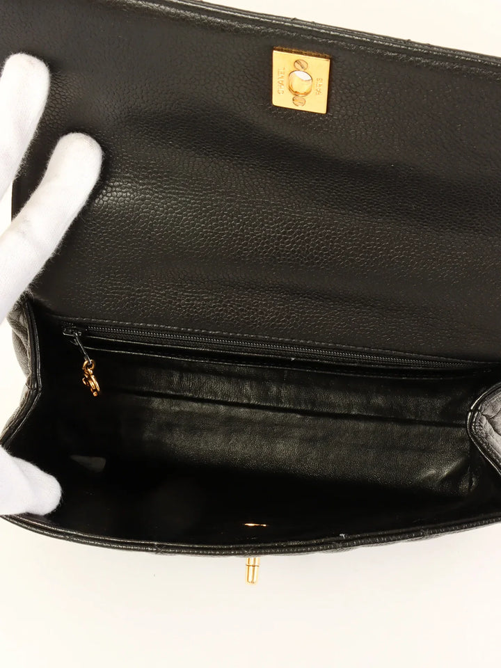 Chanel Around 1997 Made Caviar Skin Turn-Lock Top Handle Bag Black