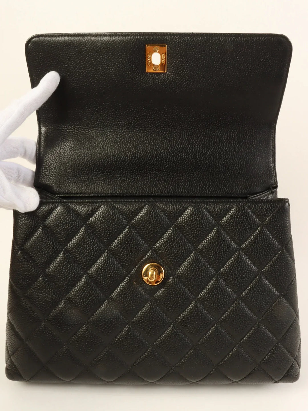 Chanel Around 1997 Made Caviar Skin Turn-Lock Top Handle Bag Black
