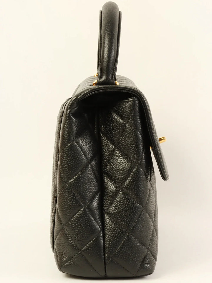 Chanel Around 1997 Made Caviar Skin Turn-Lock Top Handle Bag Black