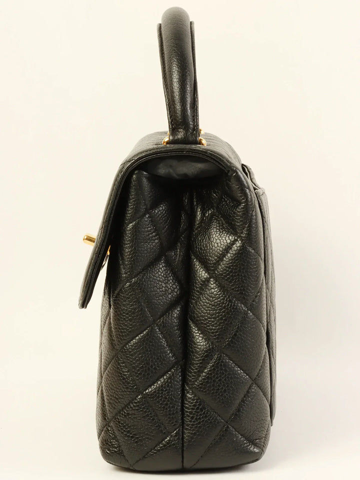 Chanel Around 1997 Made Caviar Skin Turn-Lock Top Handle Bag Black